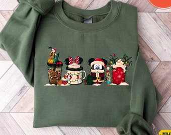 Cute Disney Mickey Minnie Pluto Christmas Coffee T-shirt Sweatshirt, Disney Christmas Sweatshirt, Mickey Christmas Sweater, Mickey Fan Gift