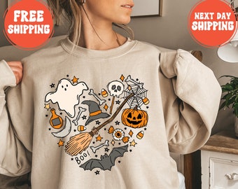 Halloween Doodles Heart Shirt Gift For Halloween Moms, Cute Halloween Ghost Sweatshirt, Pumpkin Boo Jee Sweatshirt, Halloween Witch Tee