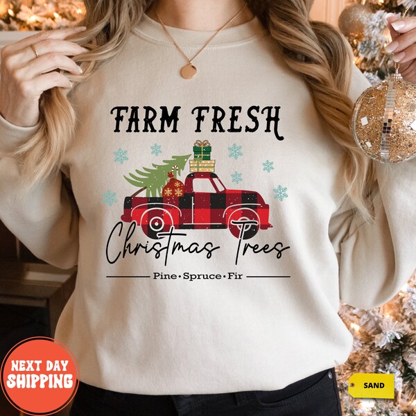 Farm Fresh Christmas Trees Shirt, Pine Spruce Fir Farm Truck, Christmas Gift Ideas, Holiday Shirt, Unisex Adult  Winter Tee, Long Sleeve