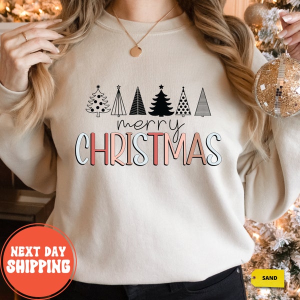 Merry Christmas Trees Sweatshirt, Women's Christmas Shirt, Women's Holiday Shirt, Christmas Gift, Christmas Women Tree Shirt, Winter Holiday
