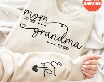 Benutzerdefinierte Mutter Oma Est Jahr Sweatshirt, Muttertagsgeschenk, personalisierte Schwangerschaftansage, Baby offenbaren für Familie, Geschenk Pullover für Oma