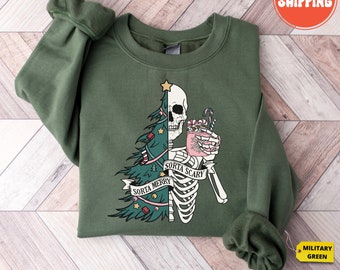 Sorta Merry Sorta Scary Crewneck Shirt, Funny Christmas Sweatshirt, Custom Christmas Skeleton Sweatshirt, Cute Spooky Season Sweater