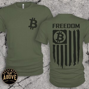 Bitcoin American Flag T-Shirt: Crypto Freedom Tee, Bella + Canvas Military Green
