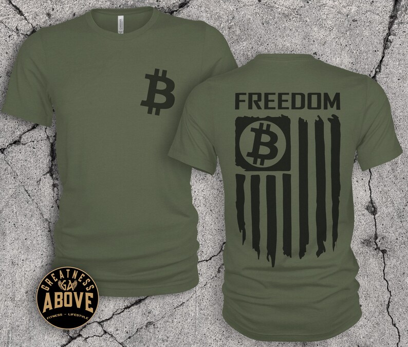 Bitcoin American Flag T-Shirt: Crypto Freedom Tee, Bella + Canvas Military Green