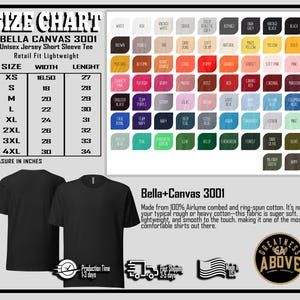 May include: A Bella Canvas 3001 size chart for a unisex jersey short sleeve tee, displaying measurements in inches from XS to 4XL. Includes a colour palette grid with numerous fabric swatches, two black t-shirt views, and product material details.
