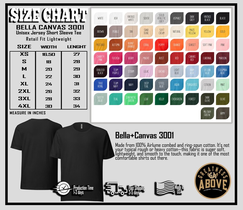 May include: A Bella Canvas 3001 size chart for a unisex jersey short sleeve tee, displaying measurements in inches from XS to 4XL. Includes a colour palette grid with numerous fabric swatches, two black t-shirt views, and product material details.