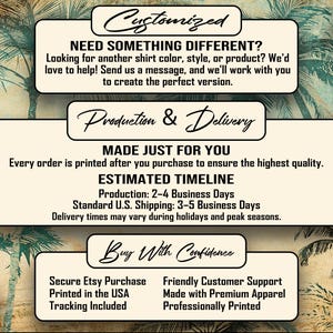 May include: An informational graphic with a palm tree background featuring three white rectangular boxes with black text. The sections are titled Customized, Production & Delivery, and Buy With Confidence, detailing order and shipping policies.