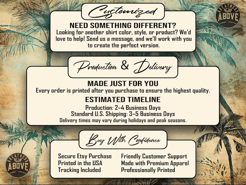 May include: An informational graphic with a palm tree background featuring three white rectangular boxes with black text. The sections are titled Customized, Production & Delivery, and Buy With Confidence, detailing order and shipping policies.
