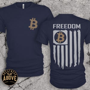 Bitcoin American Flag T-Shirt: Crypto Freedom Tee, Bella + Canvas Navy