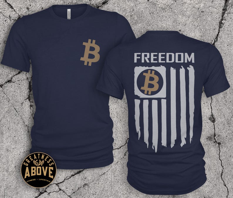 Bitcoin American Flag T-Shirt: Crypto Freedom Tee, Bella + Canvas Navy
