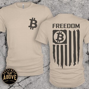 Bitcoin American Flag T-Shirt: Crypto Freedom Tee, Bella + Canvas Tan
