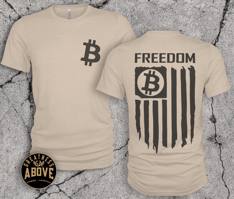 Bitcoin American Flag T-Shirt: Crypto Freedom Tee, Bella + Canvas Tan