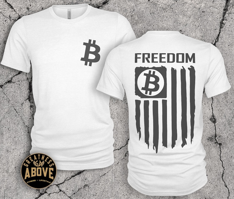 Bitcoin American Flag T-Shirt: Crypto Freedom Tee, Bella + Canvas White