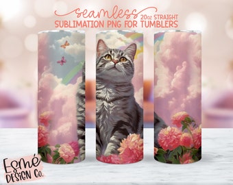 Seamless Gray Tabby Cat and Rainbow Tumbler Design, 20oz Straight Tumbler Sublimation, Halloween Tumbler Wrap PNG, Commercial Use