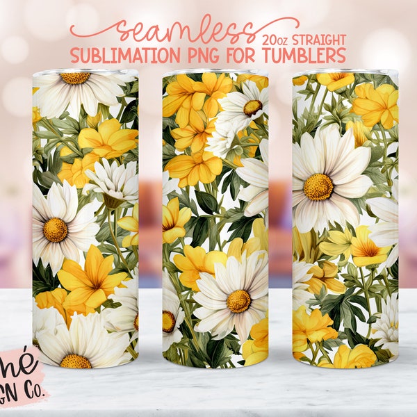 Seamless White Daisy & Yellow Flower Tumbler PNG, 20 oz Straight Tumbler Sublimation, Daisies Tumbler Designs, Commercial Use, Print File