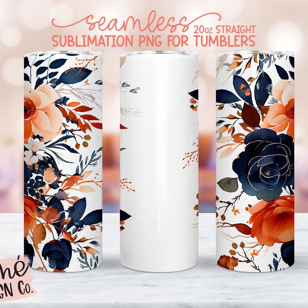 Add Your Own Name, Orange & Blue Floral Tumbler PNG for 20oz Straight Tumbler Sublimation, Tumbler Wrap, Commercial Use, Digital Print Files