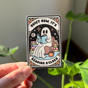 Quiet Now, It&#39;s Reading O&#39; Clock Ghostie Reading Tarot Sticker, Cute Ghost Bookish Sticker, Fall Kindle Sticker, Halloween Bookish Sticker