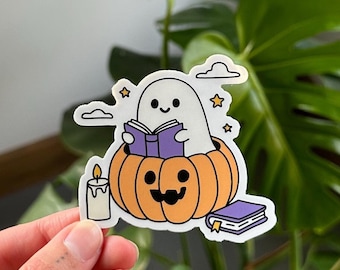 Ghost Reading In a Pumpkin Sticker, Cozy Ghostie Reading Sticker, Cute Kindle Sticker, Halloween Bookish Sticker, Autumn Reader Sticker