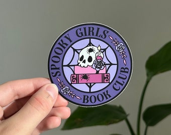 Klistermärke med kusliga flickor som bokklubb, Halloween-läsningsklistermärke, Kindle-klistermärke, kusligt bokligt klistermärke, dödskalleläsningsklistermärke med spindelnät