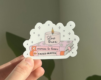 Book Tropes Book Stack With Candle Sticker, Slow Burn, Enemies To Lovers, Fated Mates, Cozy Reading Sticker, Kindle Sticker, Book Lovers
