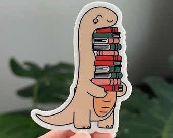 Dinosaur Holding Book Stack Sticker, Cute Bookish Stickers, Kindle Sticker, Book Lovers, Kobo Stickers, Reading Love