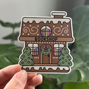 Gingerbread Bookshop Sticker, Cute Christmas Book Lovers Sticker, Winter Bookstore, Kindle Sticker, Xmas Bookish Sticker, Reader Gift