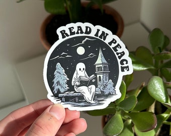 Läs i fred-klistermärke, höstläsningsklistermärke, Kindle-klistermärke, läskigt Halloween-klistermärke, gulligt spöklikt läsarklistermärke, bokälskare