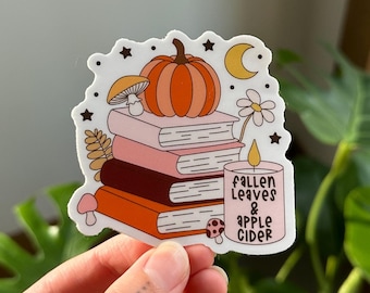 Sticker herfstboekstapel, gevallen bladeren en appelcider, schattige herfst leesgrage sticker, sticker herfstlezer, Kindle-stickers, gezellige girlie