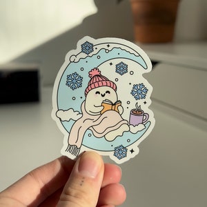 Cute Bookish Ghostie Reading on a Winter Moon Sticker, Book Lovers Sticker, Kindle Sticker, Cozy Winter Sticker, Nighttime Reading Sticker