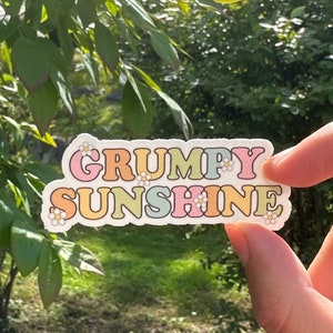 May include: A white sticker with the text "GRUMPY SUNSHINE" in colorful, retro-style letters. The letters are outlined in black and have small white flowers around them.
