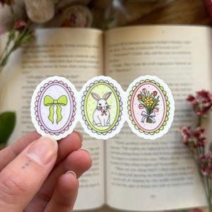 Spring Bunny Sticker – Cute Rabbit, Flowers, and Bow Stickers in Frames, Vinyl Sticker Set for Journals, Kindles, and Water Bottles