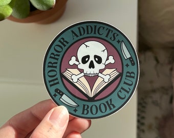 Pegatina del club de lectura de adictos al terror, club de lectura de suspense, lectores de terror, libros de miedo, amantes de los libros, pegatina de libro de terror