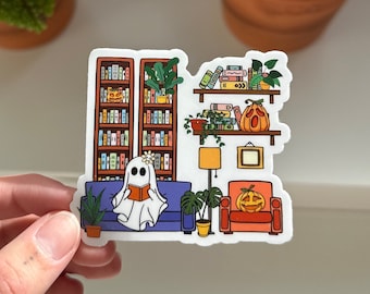 Cute Ghostie Reading Sticker with a Bookshelf, Fall Reading Sticker, Kindle Sticker, Halloween Bookish Sticker, Ghost Autumn Reader Sticker