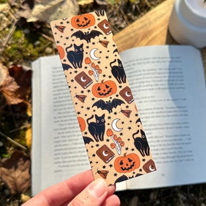 Witchy Pattern Bookmark, Black Cats, Spellbooks and Pumpkins, Autumn Bookmark, Halloween Bookmark, Cozy Vibes Bookmark, Book Lovers
