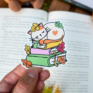 Peut inclure: Un autocollant coloré représentant un chat endormi avec une fourrure orange et blanche, reposant sur une pile de livres. Les livres sont verts, jaunes et roses, ornés de feuilles d'automne. Un cœur est sur le côté du chat.