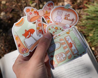 Cozy Autumn Sticker Bundle of 4 – Cottagecore Fall Vinyl Stickers for Journal, Laptop & Kindle, Book Lovers Fall Sticker