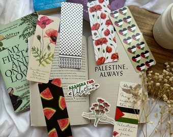Palestine Bookmarks & Stickers Bundle pack, 100% of proceeds donated to families evacuating Gaza, Readers for Palestine (8 items total)