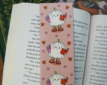 Marcador de livro de leitura de fantasmas de abóbora – Abóbora de outono e fantasmas, presente para amantes de livros, leitura aconchegante, papelaria fofa e assustadora para leitores