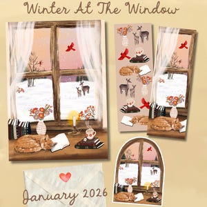 Puede incluir: Ilustración de una escena invernal acogedora con un gato, libros y una ventana con vistas a un paisaje nevado. El texto "Winter At The Window" y "January 2026" son visibles. Incluye pegatinas con imágenes similares.