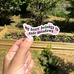 以下が含まれることがあります： 「my heart belongs to zadie meadows」というテキストの周りにピンクのハートが付いたステッカーです。