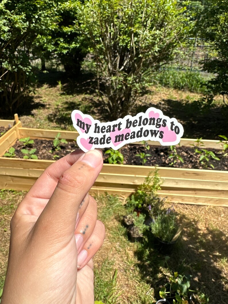 以下が含まれることがあります： 「my heart belongs to zadie meadows」というテキストの周りにピンクのハートが付いたステッカーです。