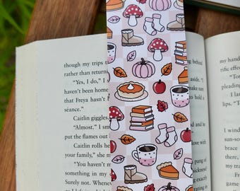 Marcapáginas con estampado otoñal, regalo para amantes de los libros, marcapáginas acogedor para leer, papelería bonita para lectores, setas y pastel de calabaza.