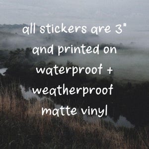 May include: Image with text: "all stickers are 3" and printed on waterproof + weatherproof matte vinyl." The background is a blurry landscape with a river and tall grass.
