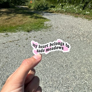 以下が含まれることがあります： ピンクのステッカーに「my heart belongs to zane meadows」という黒いフォントのテキストが書かれています。ステッカーにはテキストの周りにピンクのハートがあります。