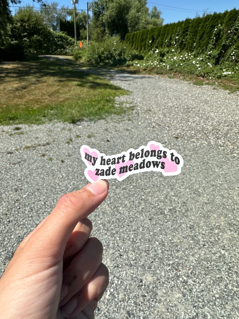 以下が含まれることがあります： ピンクのステッカーに「my heart belongs to zane meadows」という黒いフォントのテキストが書かれています。ステッカーにはテキストの周りにピンクのハートがあります。
