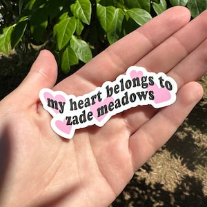 以下が含まれることがあります： ピンクのハートと「my heart belongs to zadie meadows」というテキストが書かれた白いステッカーです。