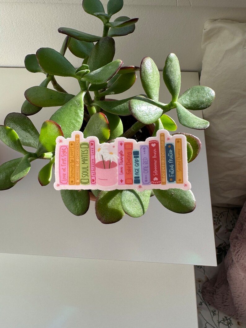 May include: A sticker of a stack of colorful books with titles like "Love at First Sight", "Soul Mates", "Forbidden Love", "Fake Dating", "One Bed", "Slow Burn", and "Fated Mates".