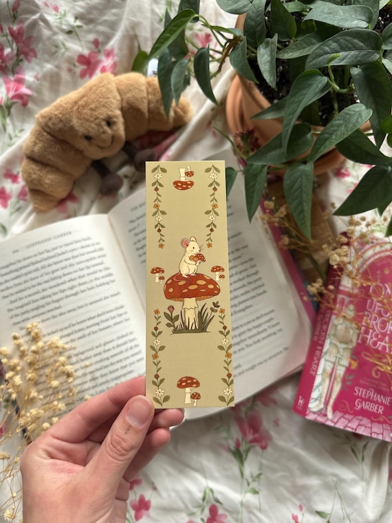 Mouse on a Mushroom Bookmark, Cute Bookmarks for Readers, Bookworm Gifts, Nature Bookmark, Pink Bookmark, Book Lovers