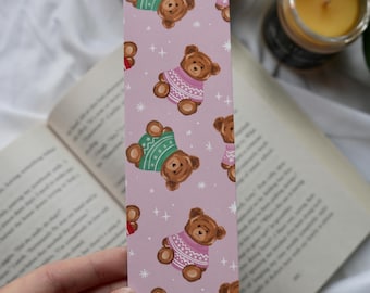 Marcapáginas con ositos de peluche con suéteres navideños, artículos de papelería para lectores, lectura festiva y acogedora