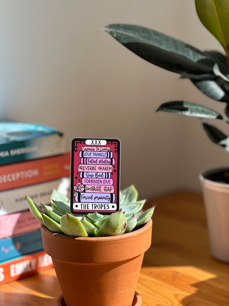 May include: A pink and black enamel pin with a stack of books that list common romance tropes, including "Enemies to Lovers", "Love Triangle", "Fated Mates", "Reverse Harem", "One Bed", "Forbidden Love", "Age Gap", and "Forced Proximity". The pin is sitting on top of a potted succulent.